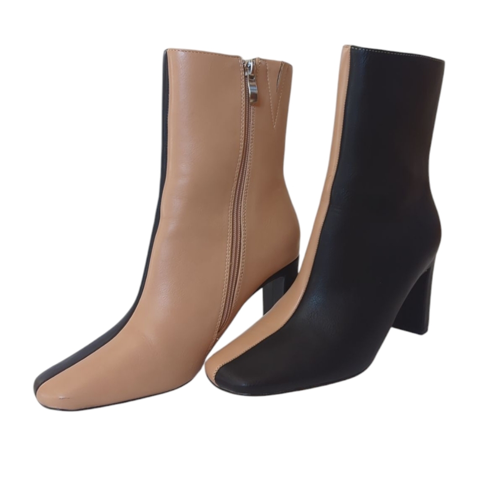 NY & Co. Two-Toned Zippered Heeled Ankle Booties 6.5 Black Tan/Beige
